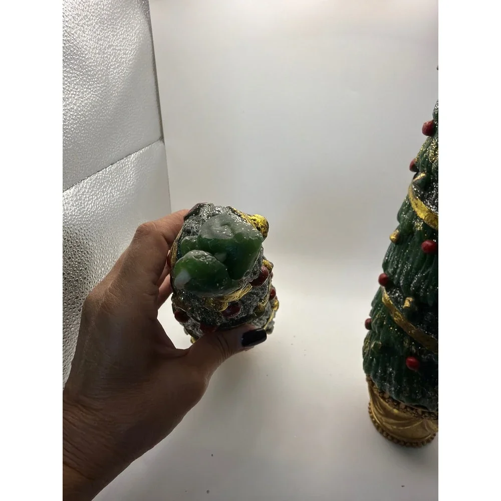 Department 56 Christmas Tree Pillar Candles Gold Base Glitter Set of 2 Green 12